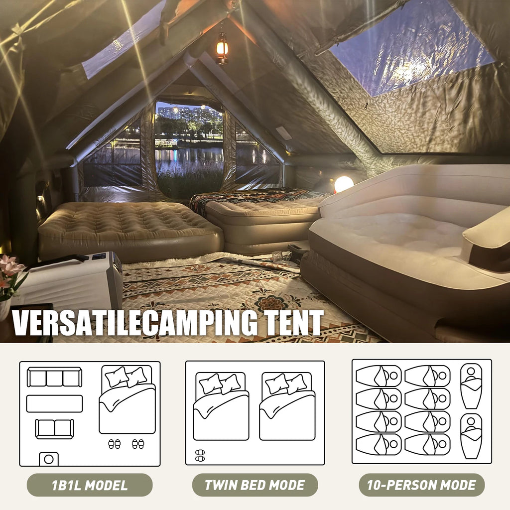 Army Green Waterproof Windproof Inflatable Tent for Camping,4 Season Air Glamping Tent House with Chimney Opening,AC Vent