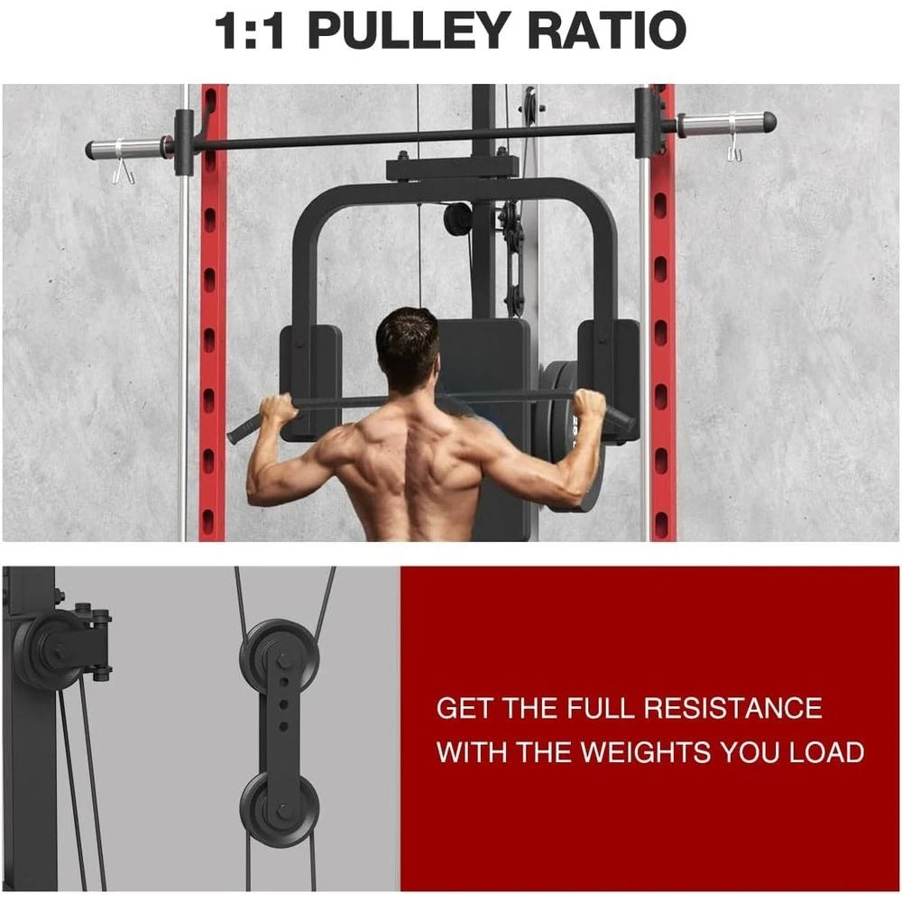Compact Power Cage with Pulley System for Full-Body Strength Training, Home Gym Squat Rack with PEC Station and Optional Fixed
