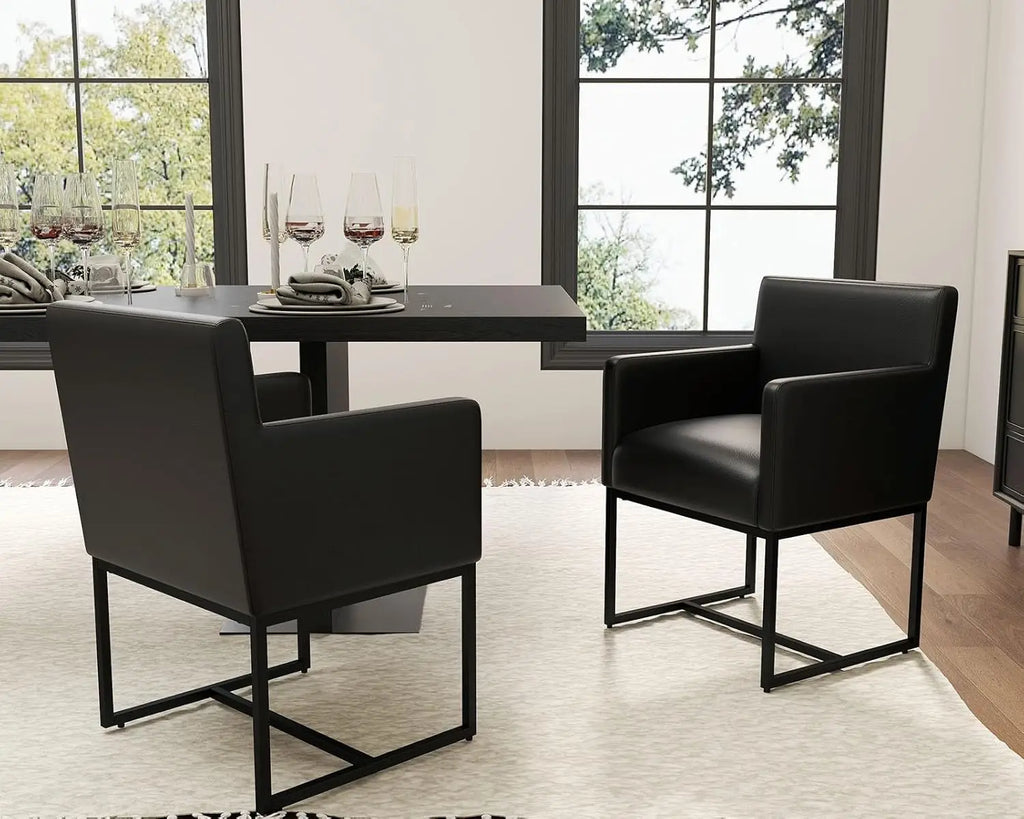 Mid Century Modern Upholstered Dining Chairs with Arms Set of 2, Linen Accent Black Finish Metal Frame, 19'' Wide Arm for Living