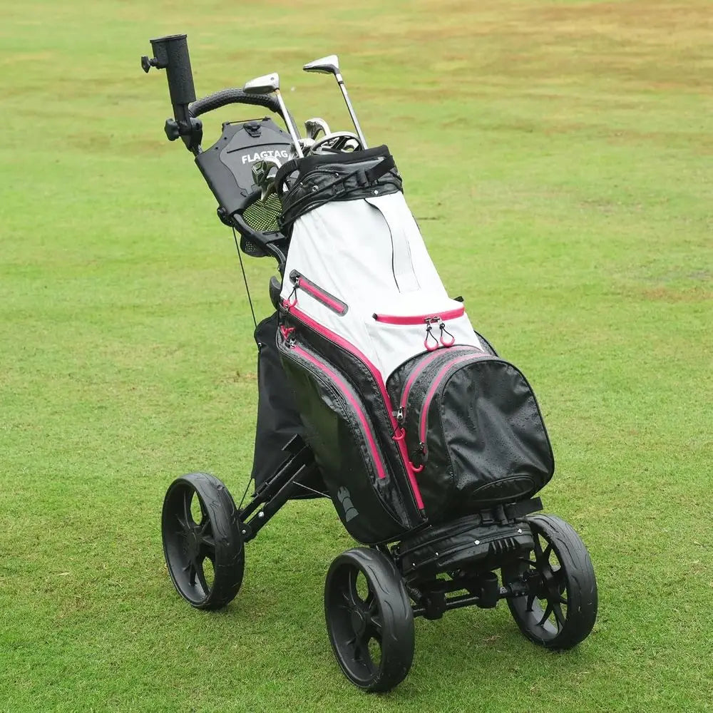 Push Cart 4-Wheels, Folding Golf Cart, Golf Pull Cart with Cup Holder, Umbrella Holder, Cooler Bag, Foldable with one-Click, Han