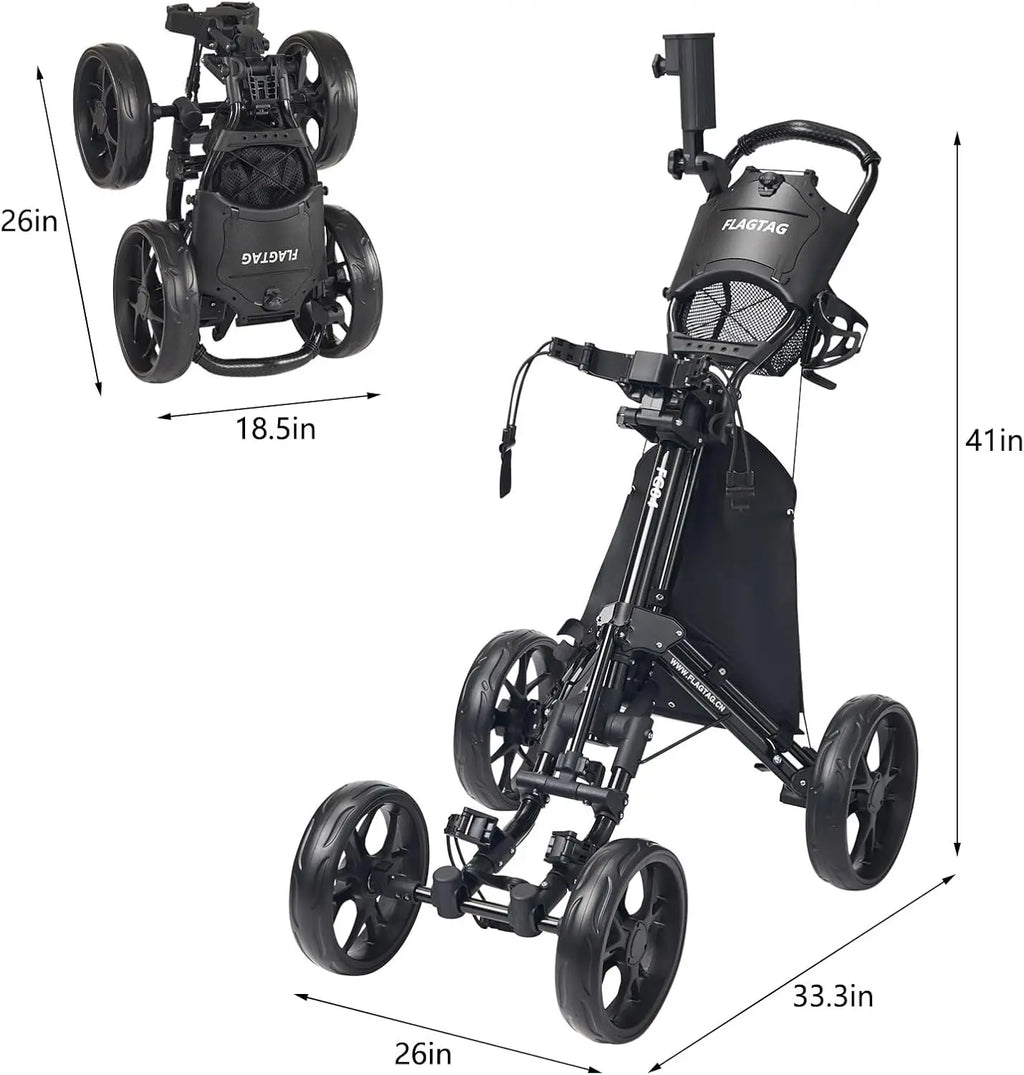 4-Wheel Folding Golf Push Cart with Adjustable Handle, Cup Holder, Umbrella Holder & Cooler Bag