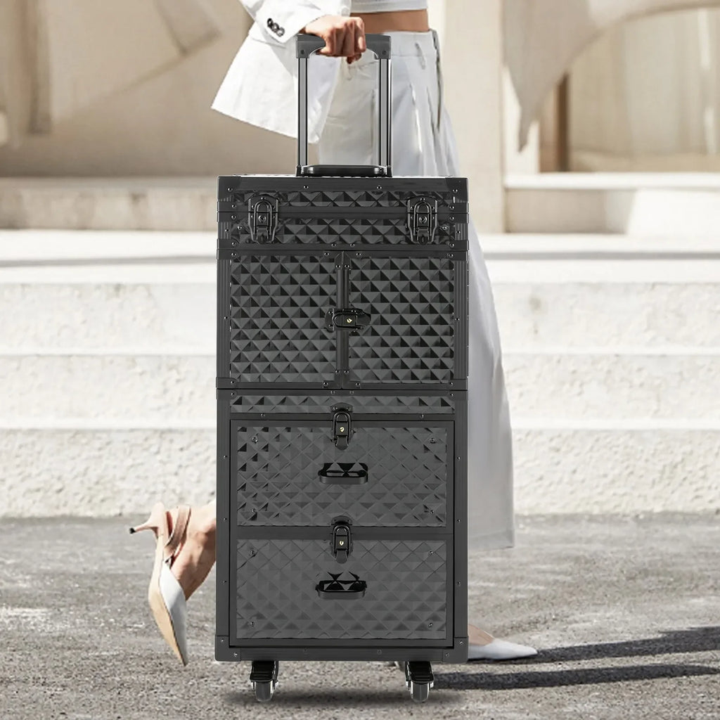Rolling Lockable Makeup Train Case, Hairdressing Travel Case with Wheels, Cosmetology Case, Hair Stylist Travel Case Trolley