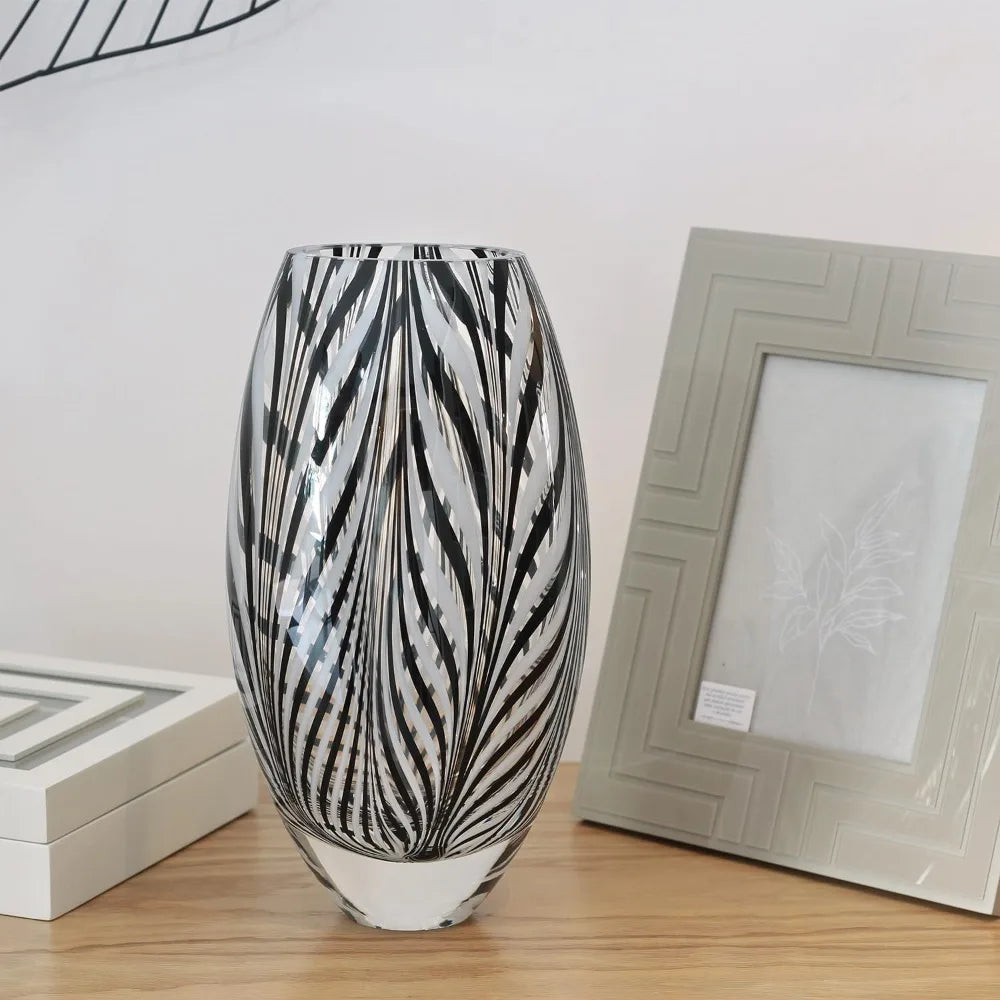 Doro Murano Style Glass Vase Black and White Feather Pattern Hand Blown Art Glass for Flower, Room Decoration and Centerpiece