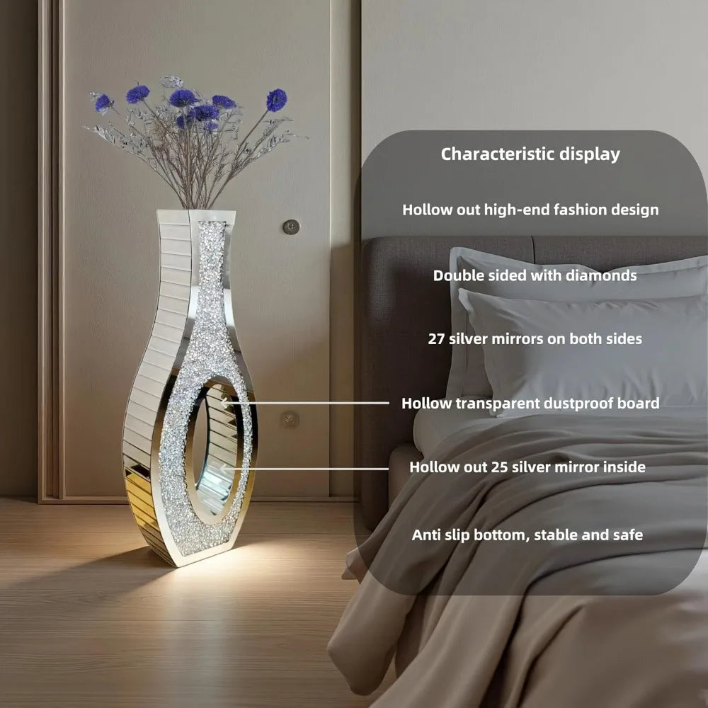 Pair of 30-Foot Tall Crushed Diamond Effect Floor Vases - Large Silver Mirrored Crystal Vases for Living Room Decor