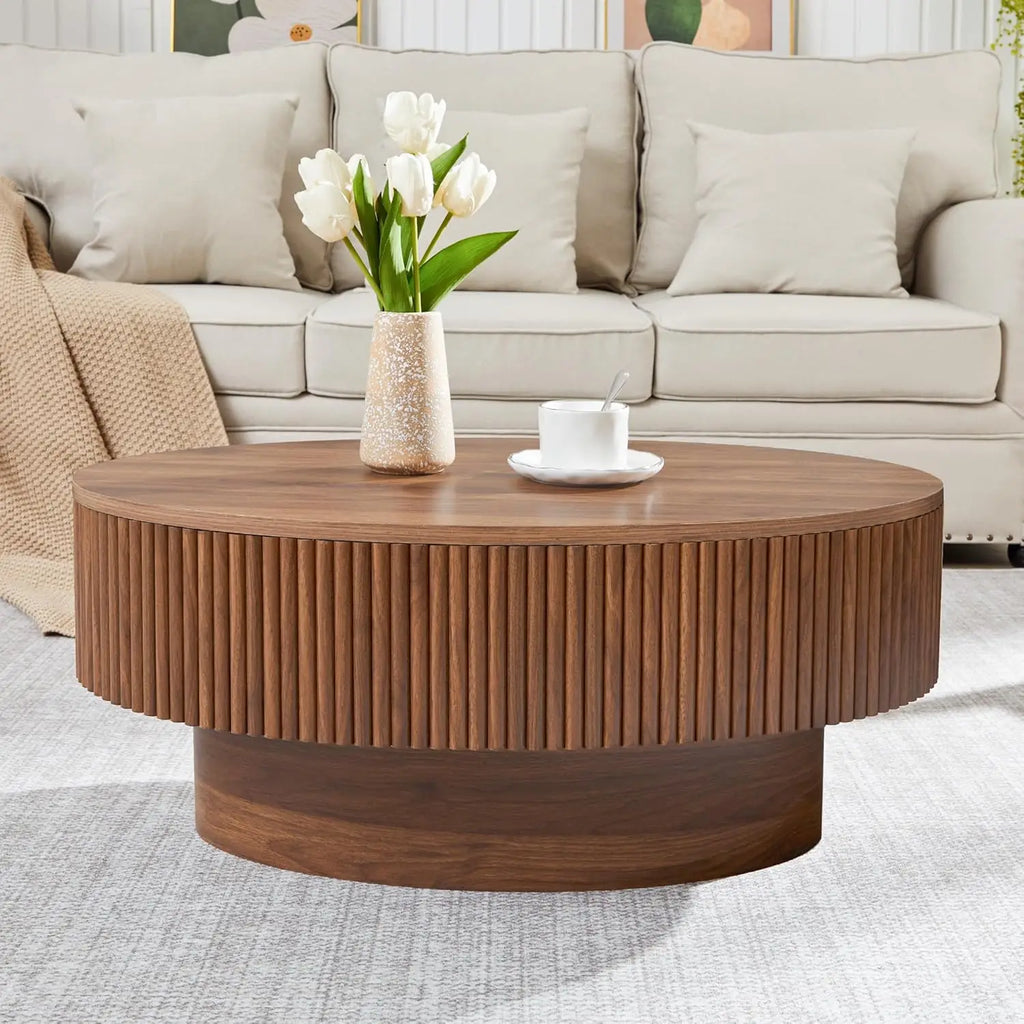 Oval Coffee Table with Hidden Storage, 31.5 Inch Wide Modern Coffee Table, Center Table with Fluted Veneered,, Customized