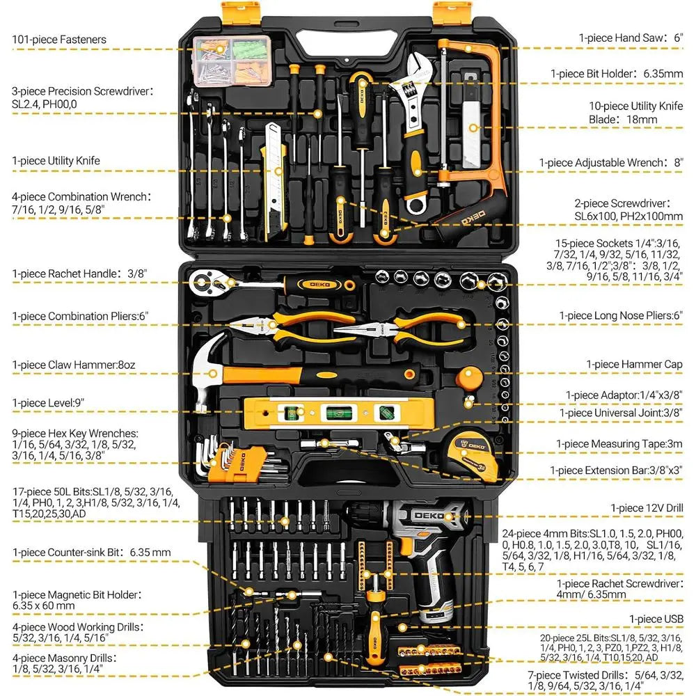 Tool Kit Box Drill Set：Home Mechanic Toolbox with 12V Power Cordless Drill Hand Repair Tools Sets Combo Kits Storage Organizer D