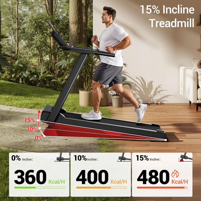 15% Incline Treadmill, Folding Treadmill Filpped Screen and Heart Rate Sensor, 3.0HP Quiet Brushless Dual Cushion System