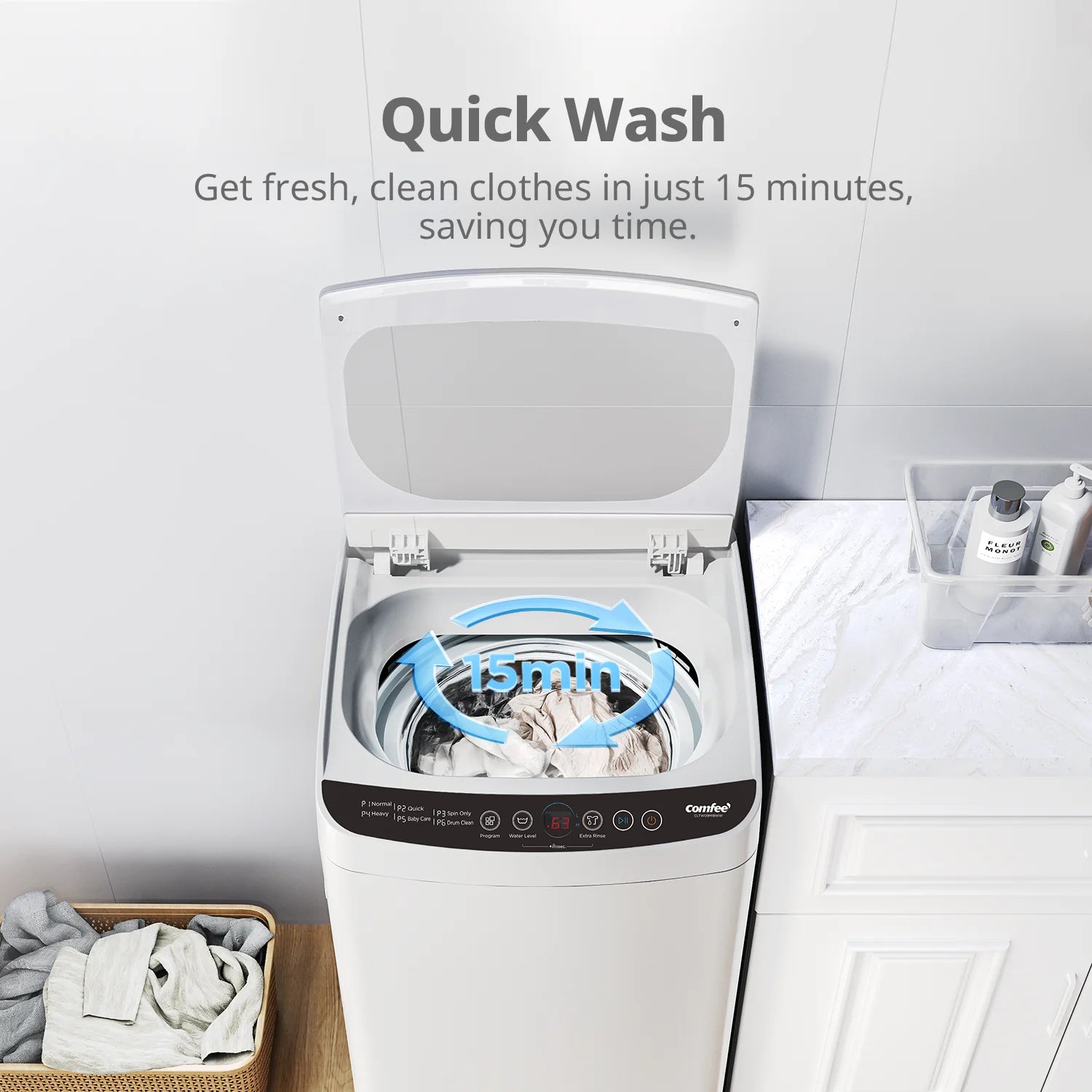 Comfee 0.9 cu.ft Portable Washing Machine, 5 Wash Cycles, LED Display, Compact Full-Automatic Washer with Wheels