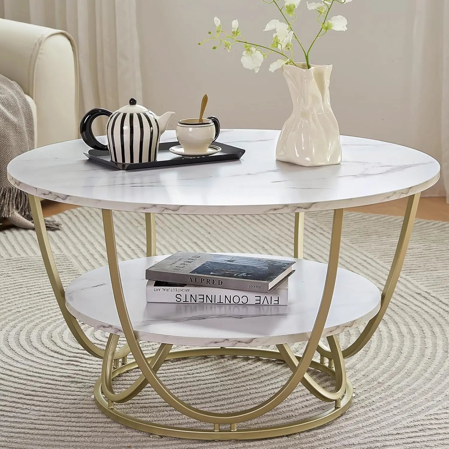 30 Inch Modern Round Coffee Table with Storage, White Marble Print Top and Gold Frame for Living Room
