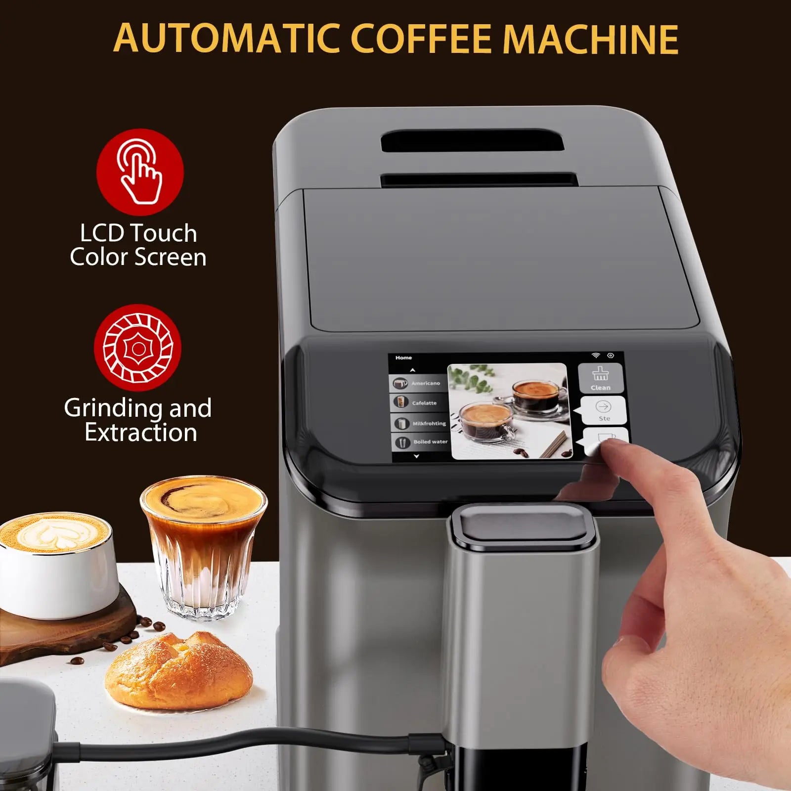20-Bar Fully Automatic Espresso Machine Double Boiler Auto-Cleaning LCD Touch Automatic Milk Frother For Coffee Lovers