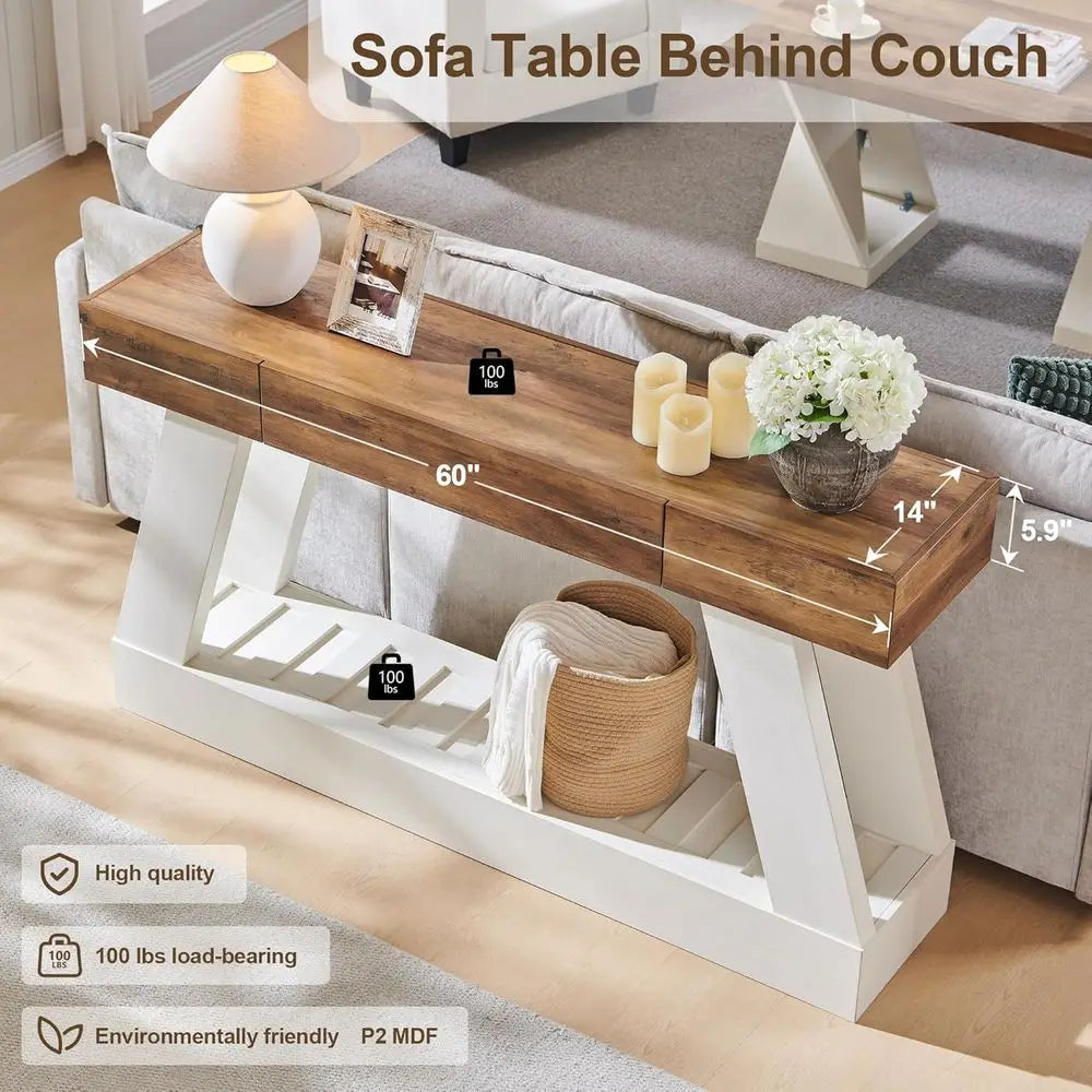 60 Antique White Armhouse Console Table for Narrow Entryways, Behind Sofa in Living Rooms and Halls