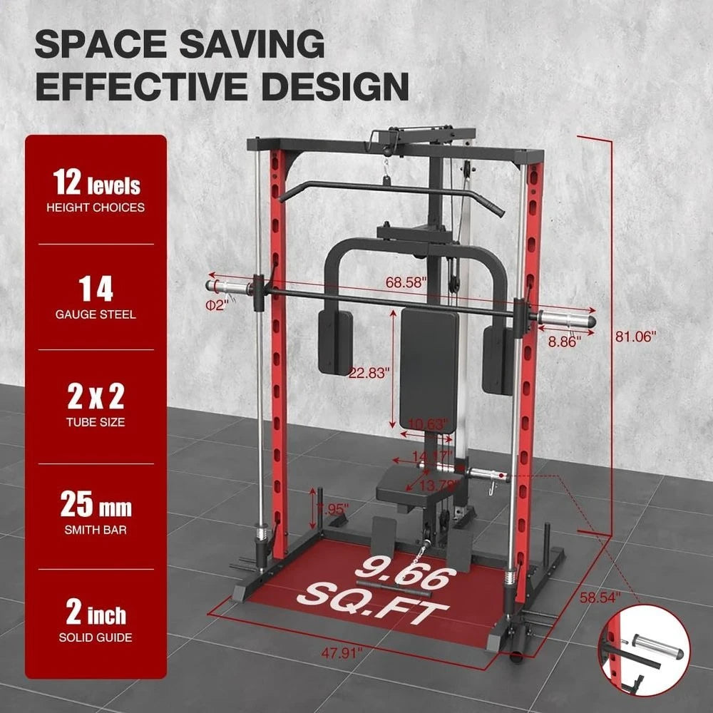 Compact Power Cage with Pulley System for Full-Body Strength Training, Home Gym Squat Rack with PEC Station and Optional Fixed