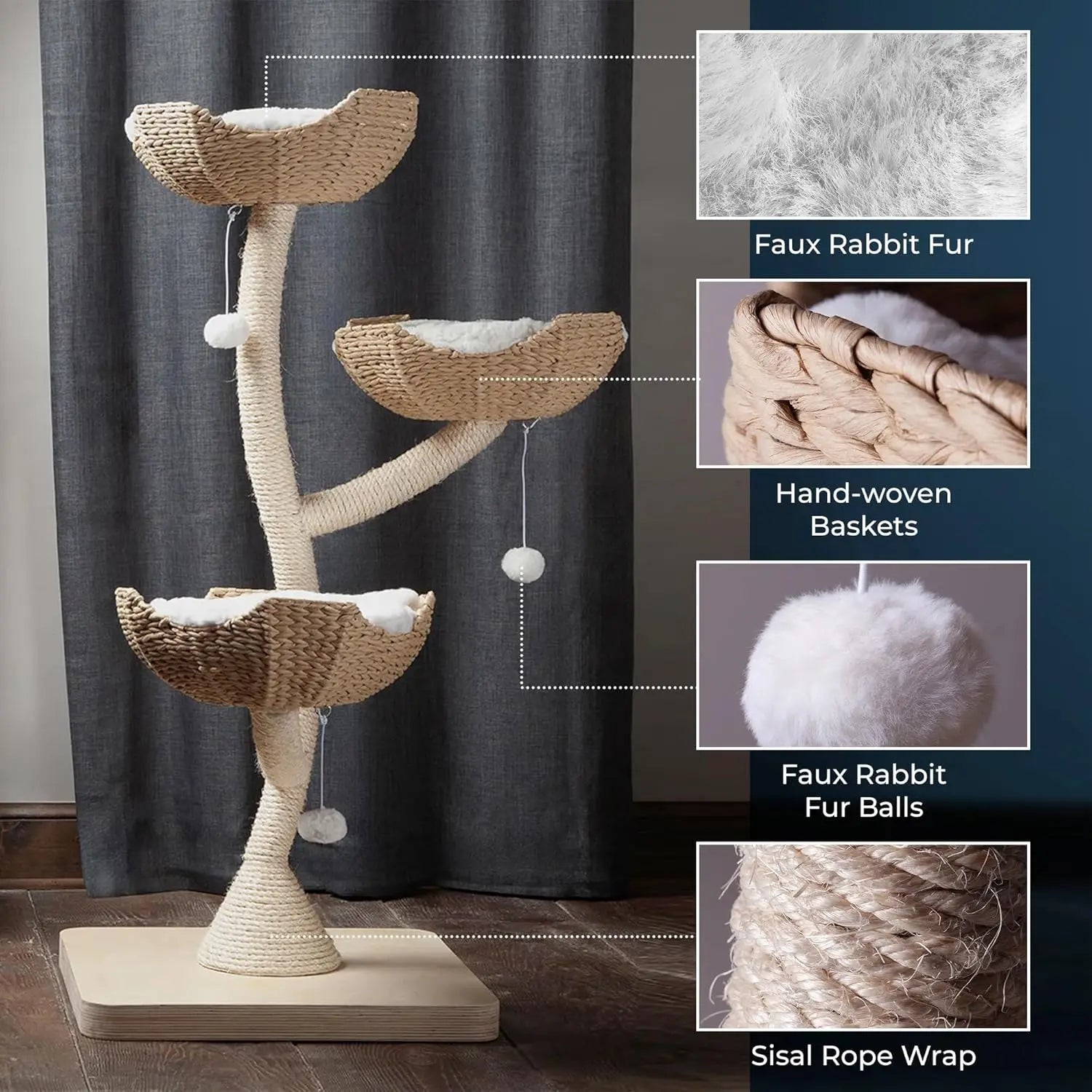 The Sanctuary Cat Tree - Luxury Cat Condo, Large Modern Indoor Tower with 3 Faux Fur Beds, Scratching Posts, and, Customized