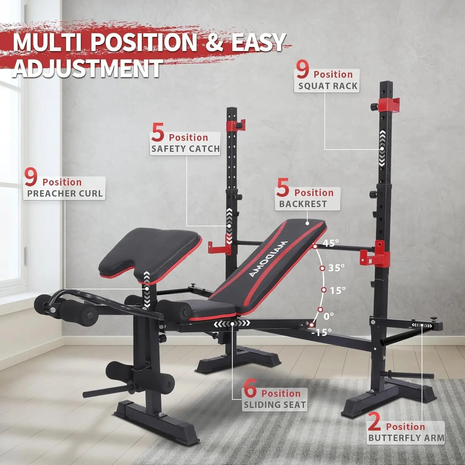 1500LB 6 IN 1 Weight Bench with Leg Extension Leg Curl Foldable Bench Press with Preacher Curl Squat Rack Workout Benches with S