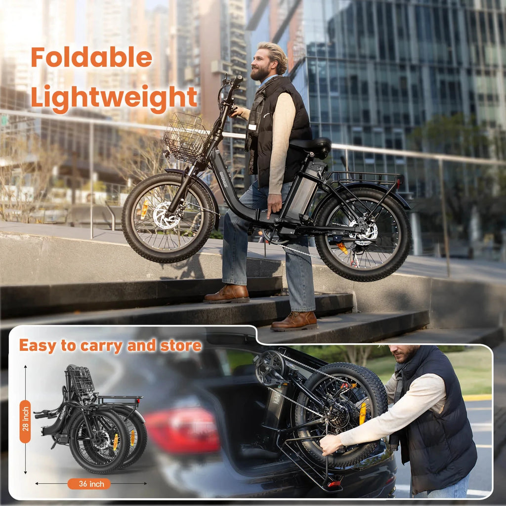 QRONGE Mirage Electric Bike 1000W Peak Folding E-bike 486Wh 70 Miles Range 7 Speed 25 MPH Max Electric Bicycle With Front Basket