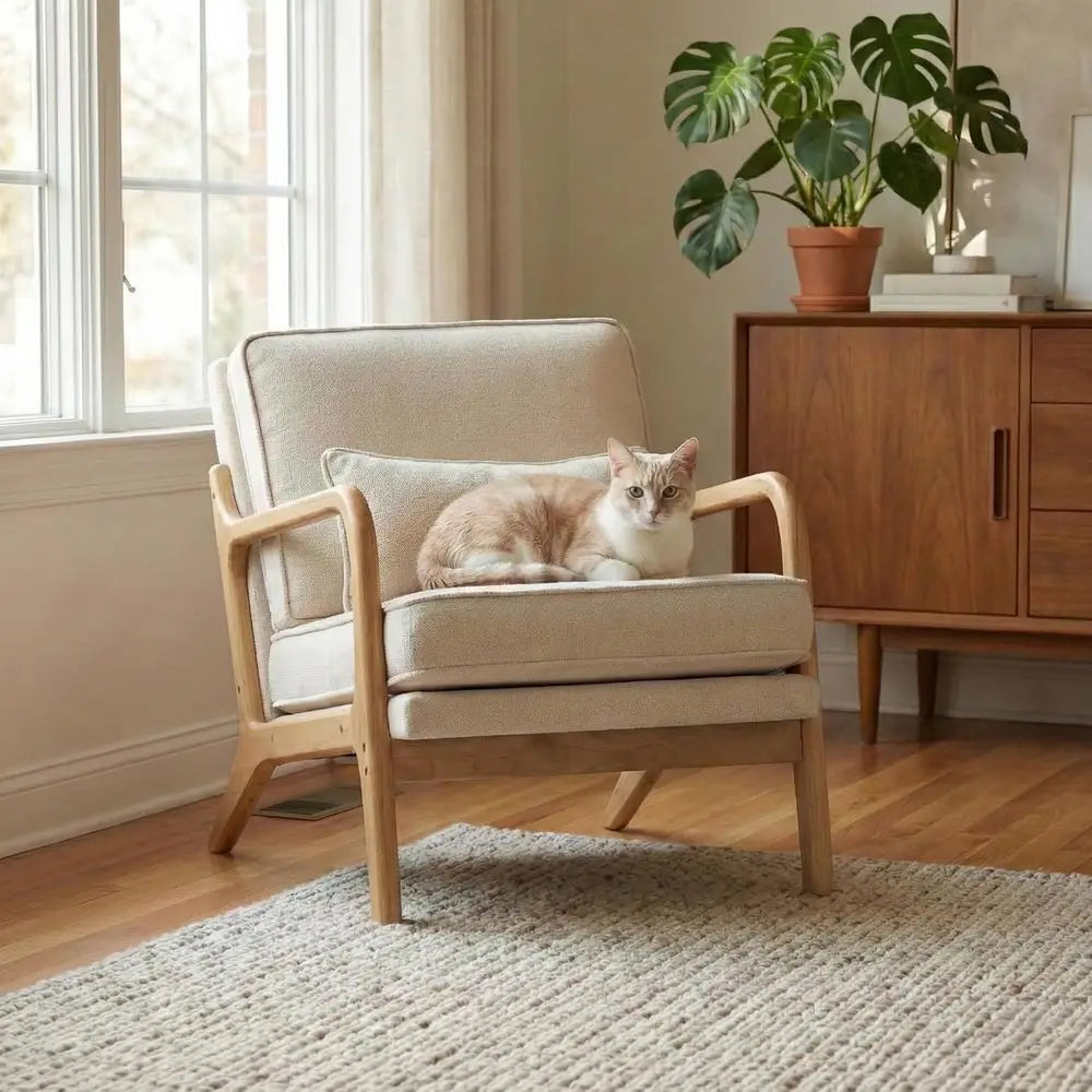 Modern Accent Chair Mid Century Wooden Upholstered Armchair with Lumbar Pillow & Removable Soft Cushion, Reading Chair for Livin
