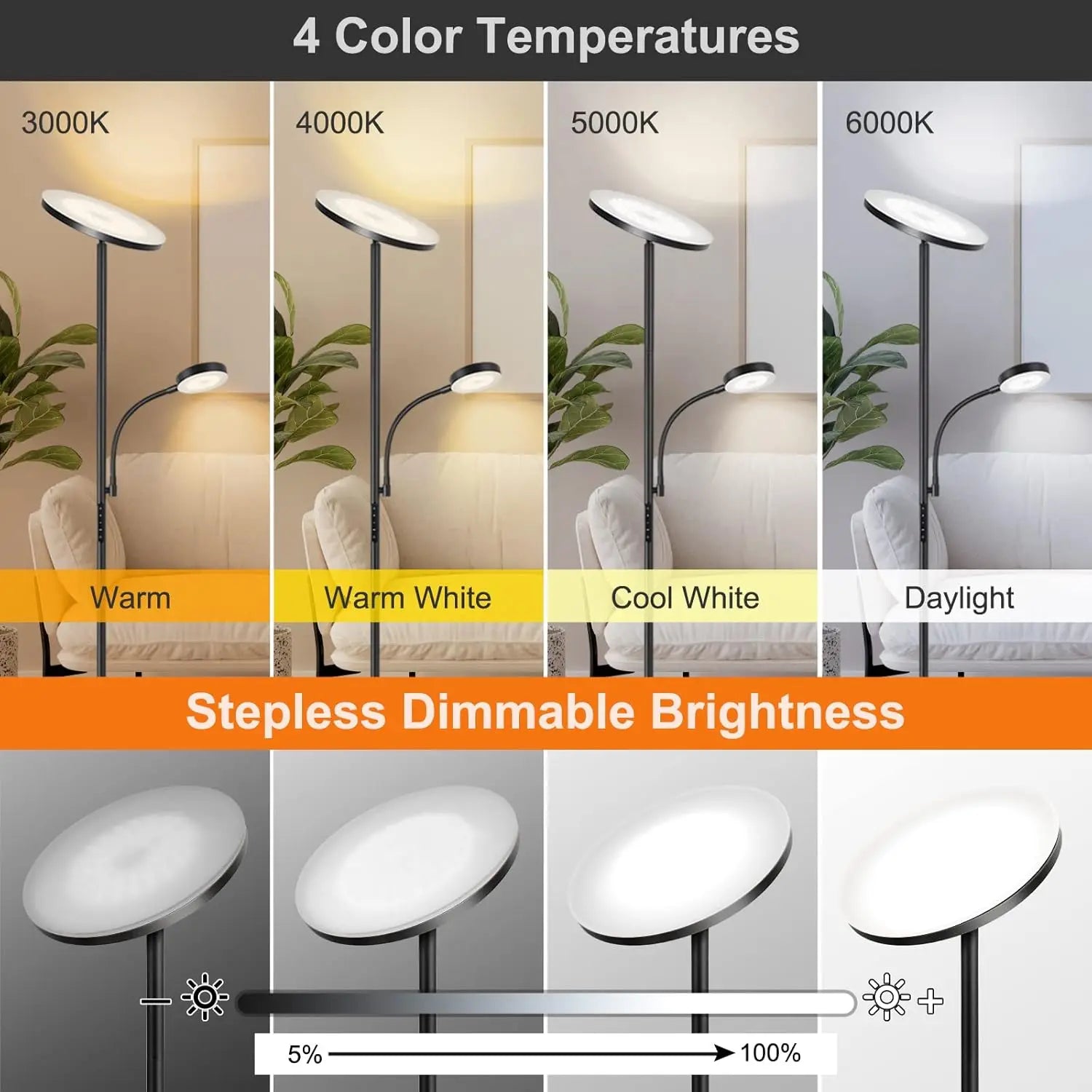 Modern LED Floor Lamp with Remote Control, Dimmable Brightness, 4 Color Temperatures for Living Room Bedroom Office