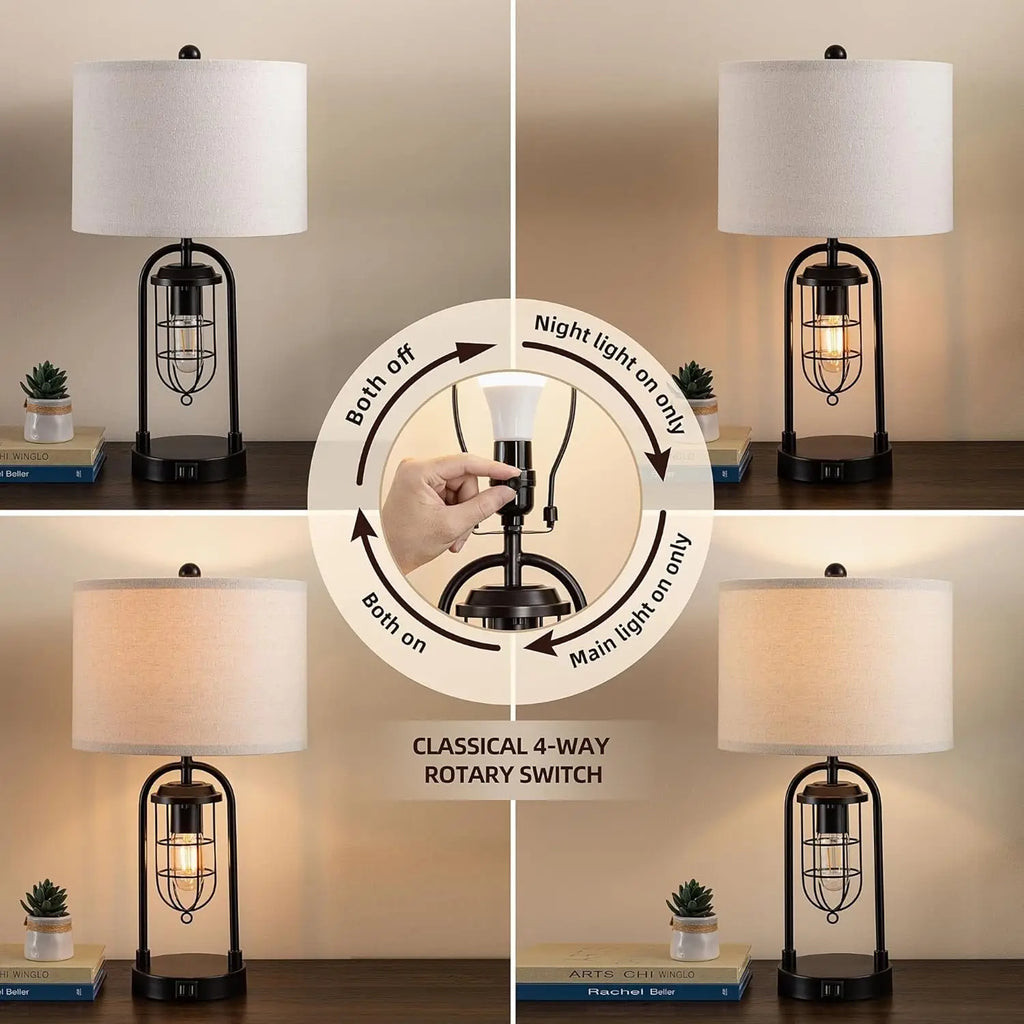 Set of 2 Modern Farmhouse Table Lamps with USB Ports and Night Light for Living Room Bedroom (Bulbs Included)