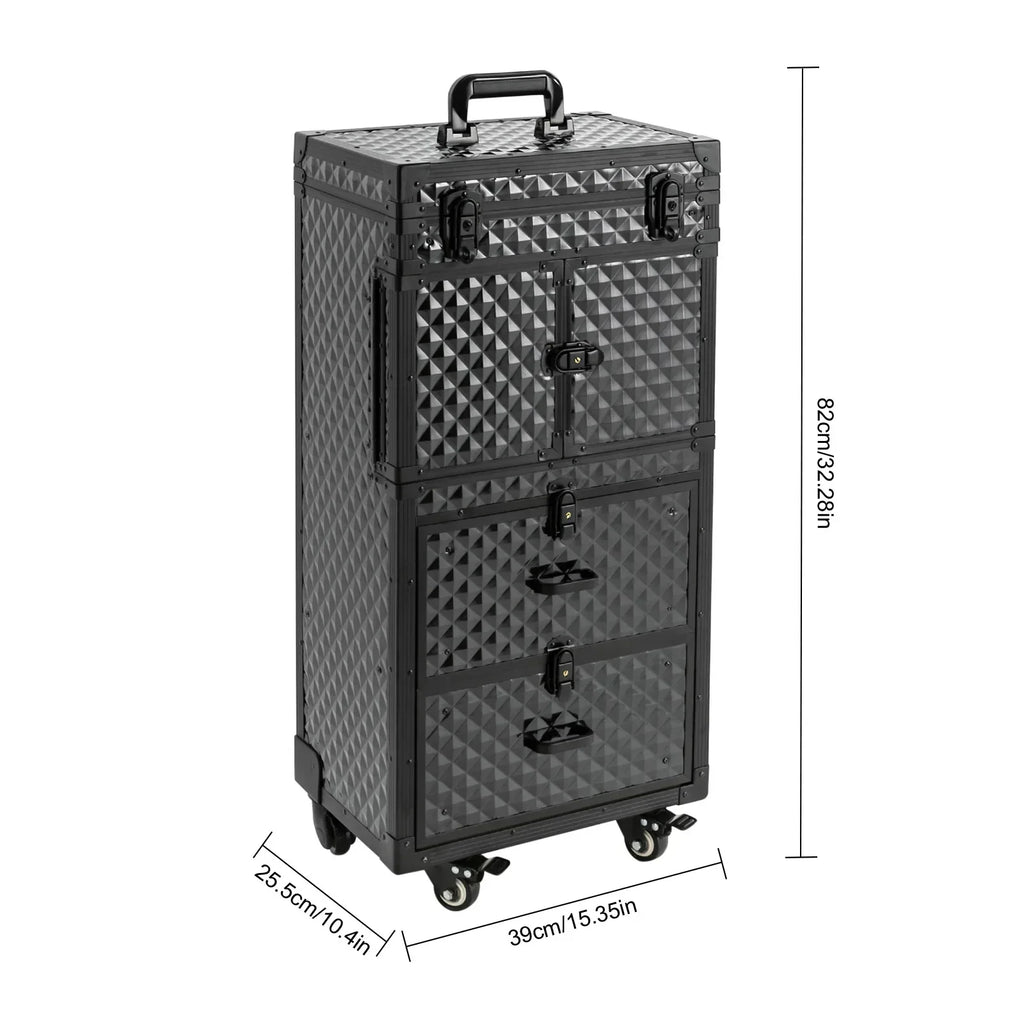 Rolling Lockable Makeup Train Case, Hairdressing Travel Case with Wheels, Cosmetology Case, Hair Stylist Travel Case Trolley
