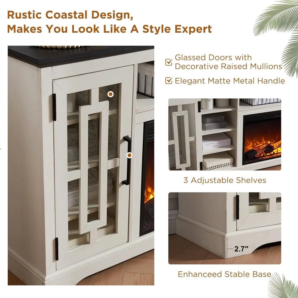 Farmhouse Fireplace TV Stand with 36" Electric Fireplace for 80 Inch TV, 32" Tall Entertainment Center, Modern Media Console, 6