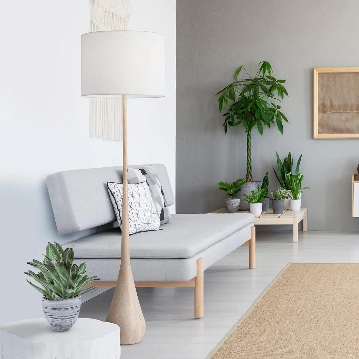 65" Japandi Floor Lamp with Wood-Toned Finish, White Cotton Shade, E26 Base, On/Off Switch, 5-Ft Cord