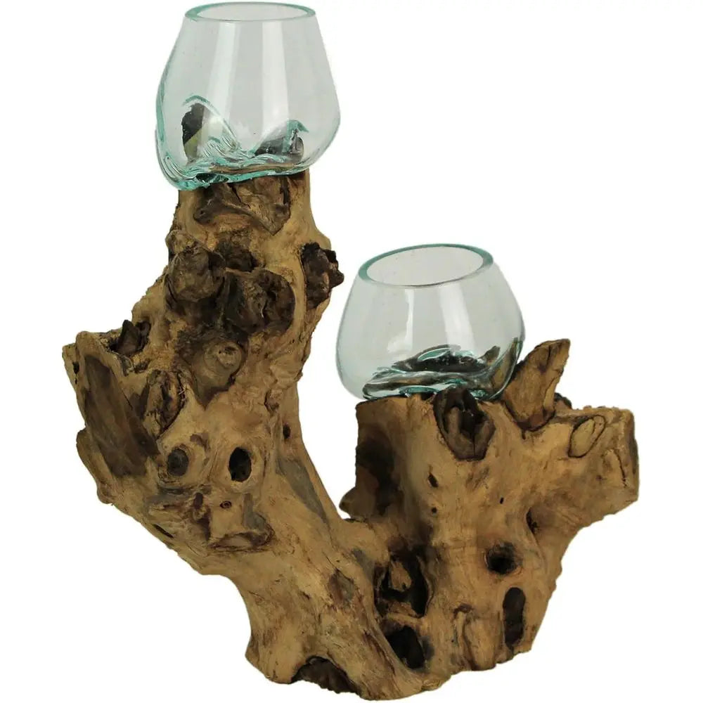 Glass On Root Wood Double Decorative Bowl Vase Plant Terrarium - Boho Style for Tabletops