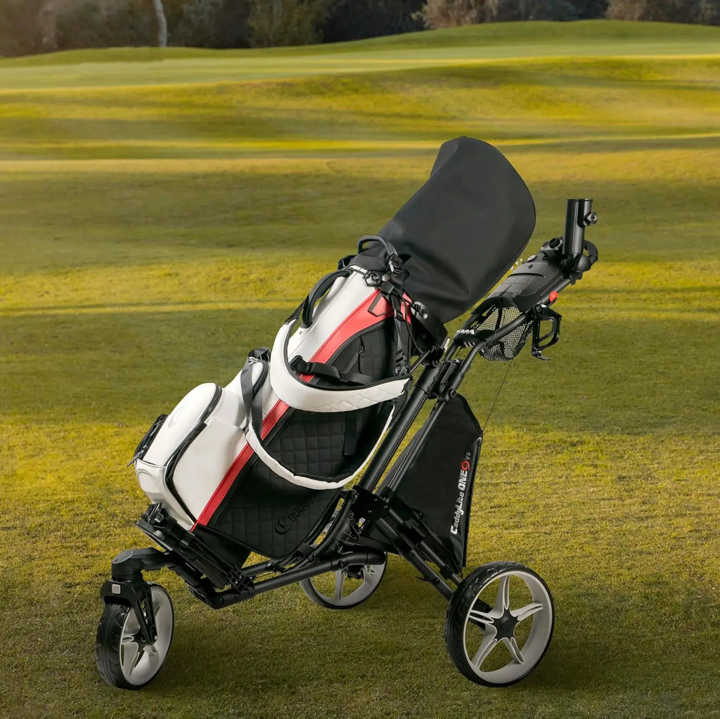 Lightweight 3-Wheel Foldable Golf Push Cart with One-Click Folding, 360° Swivel Front Wheel, Adjustable Handle & Accessories