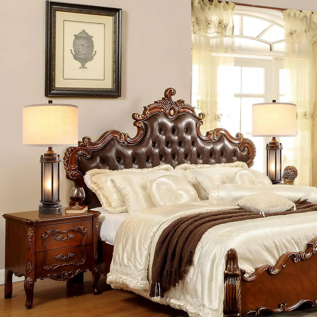 Set of 2 Rustic Farmhouse Table Lamps with USB Charging Ports, Night Light, and 4 Bulbs Included