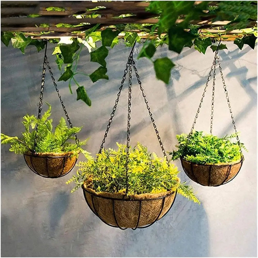 Brown Iron Chain Hanging Basket for Outdoor Plants - Suitable for Porch, Hallway, and Patio