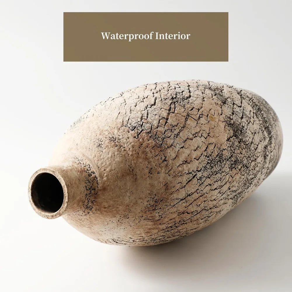 Large 18 Inch Beige Textured Handmade Vase for Modern Farmhouse and Living Room Decor, Ideal for Pampas Grass