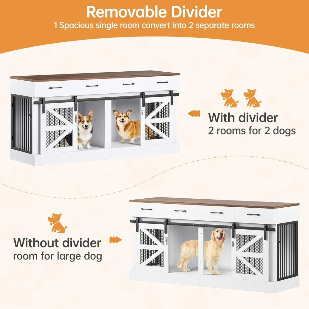 Large Dog Crate Furniture for 2 Dogs, 71 Dog Kennel Indoor with Removable Divider and 4 Storage Drawers, Sturdy Wooden