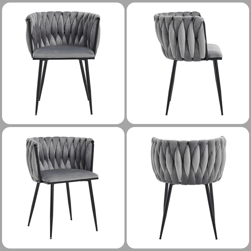 Velvet Upholstered Dining Chairs Set of 6 Woven Kitchen Leisure Armchair Modern Accent Powder-Coated Black Legs Grey, Customized