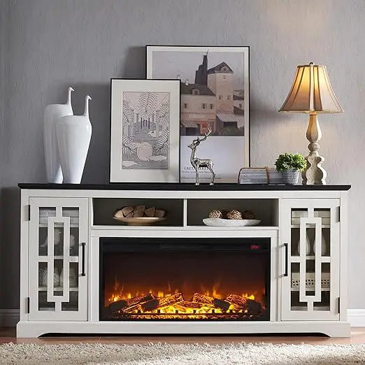 Farmhouse Fireplace TV Stand with 36" Electric Fireplace for 80 Inch TV, 32" Tall Entertainment Center, Modern Media Console, 6