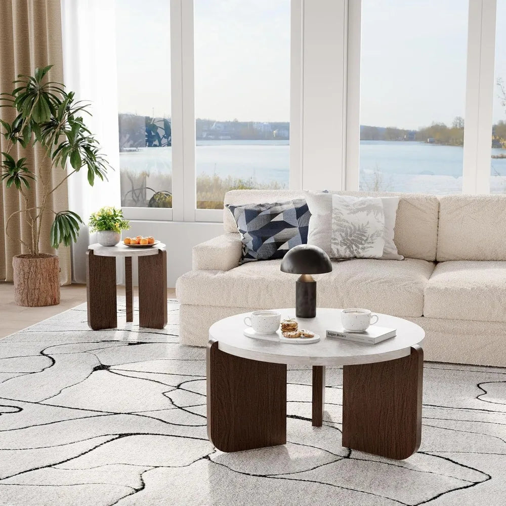 Modern Round Coffee Table & Side Table Set, Faux Marble Wood Top, Walnut & Cream White Legs, Minimalist Living Room,Customized
