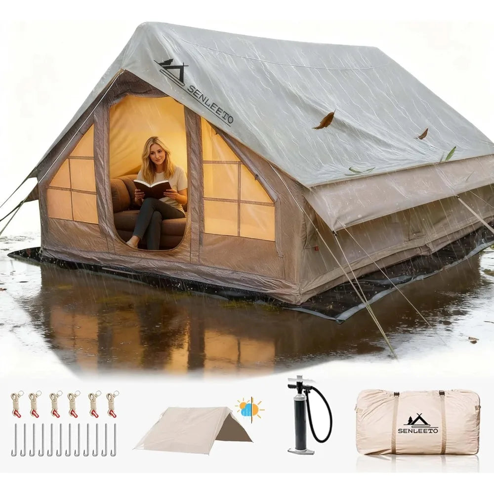 Large Inflatable Tents  4 Season Blow Up Tent with Rainfly, Waterproof & Sunproof, Luxury Inflatable House with Stove Jack