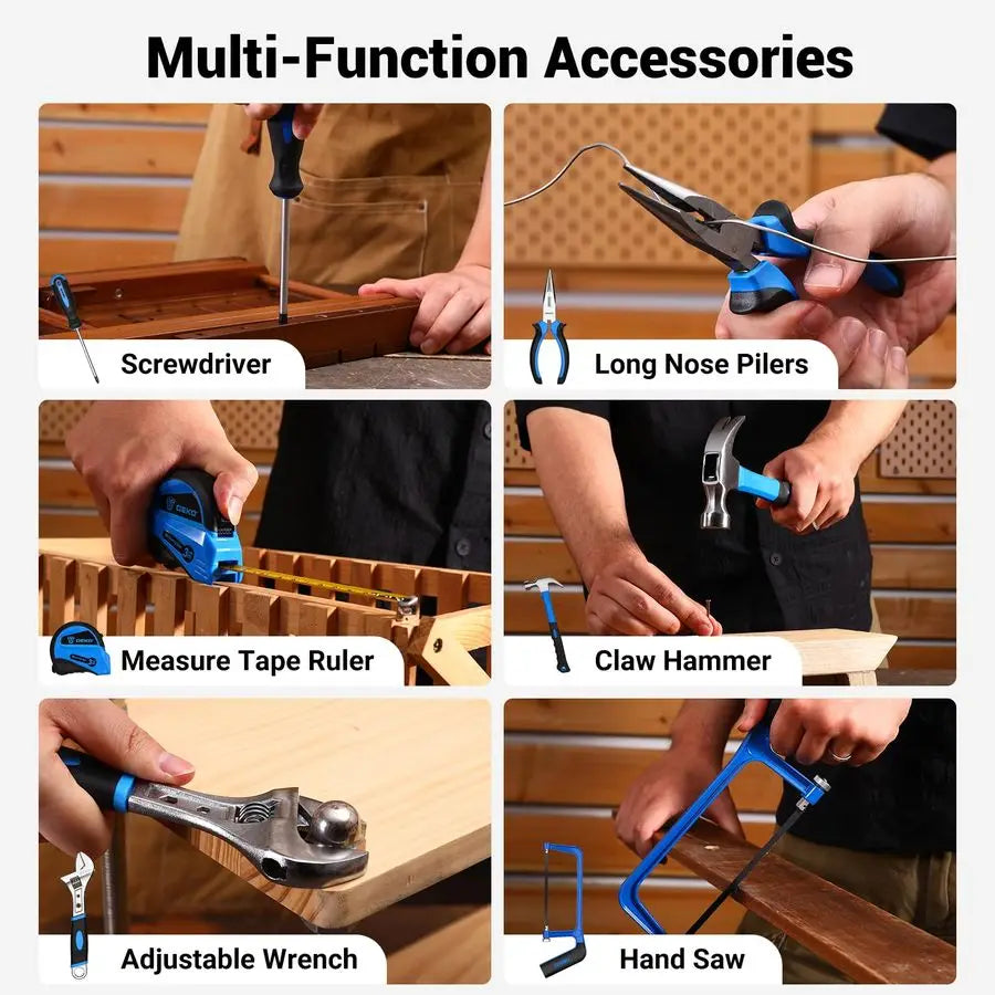 Set Tool Kit with 12V Cordless Drill, Hand Toolbox with storage case, Mechanic Tool set for Home Repairs, Blue