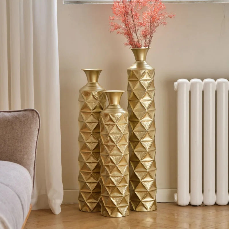 Large Size Metal Decorative Vase Set 3D Triangle Pattern 3 Sizes (33.5\" 29.5\" 25.2\") In High Gold For Home Decoration USA