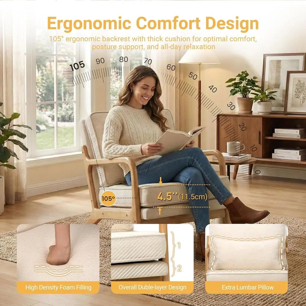 Modern Accent Chair Mid Century Wooden Upholstered Armchair with Lumbar Pillow & Removable Soft Cushion, Reading Chair for Livin
