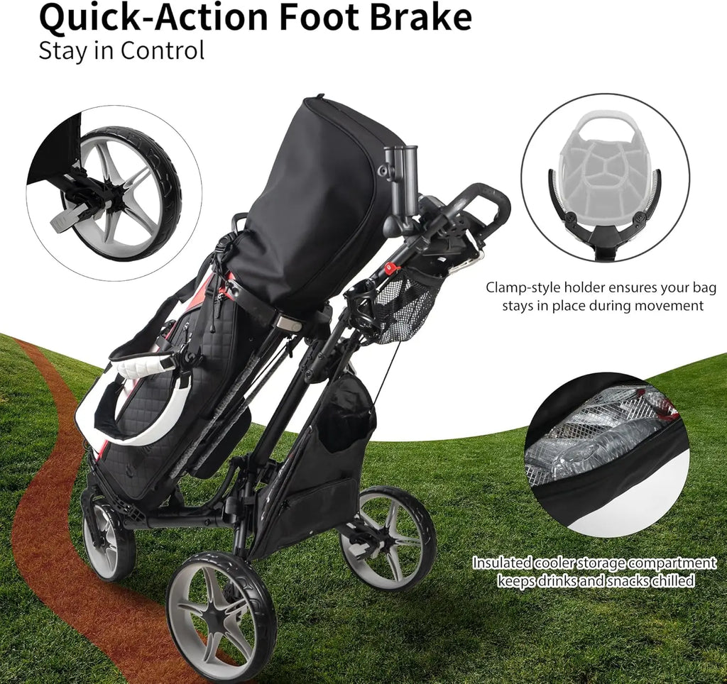 Lightweight 3-Wheel Foldable Golf Push Cart with One-Click Folding, 360° Swivel Front Wheel, Adjustable Handle & Accessories