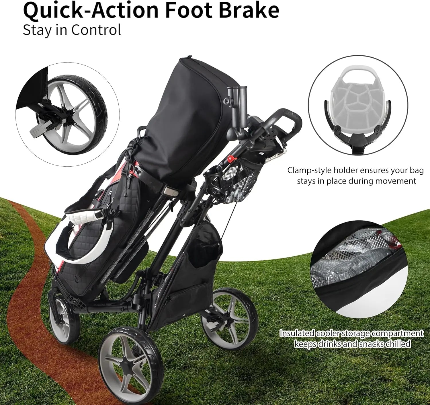 Lightweight 3-Wheel Foldable Golf Push Cart with One-Click Folding, 360° Swivel Front Wheel, Adjustable Handle & Accessories
