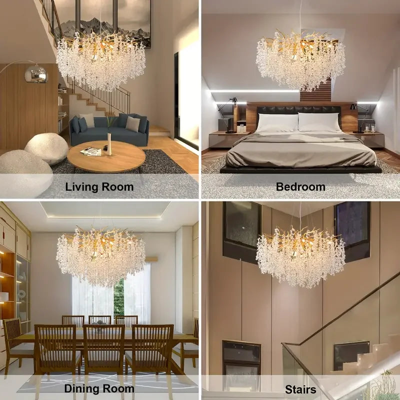 Modern golden crystal pendant light, 23.62 inch dimmable hanging raindrop pendant light, suitable for living rooms/entrances