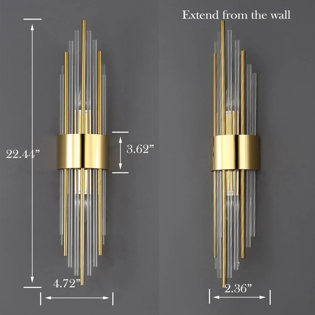 2-Light Modern Brushed Titanium Gold Wall Sconce with Clear Glass Crystal Luxury Wall Light Fixtures for Bedroom Living Room Bat
