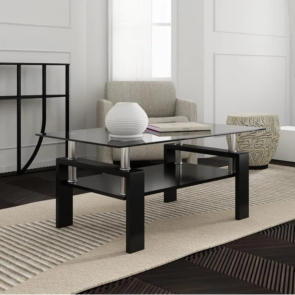 Clear Glass Coffee Table Metal Tube (All-Black)