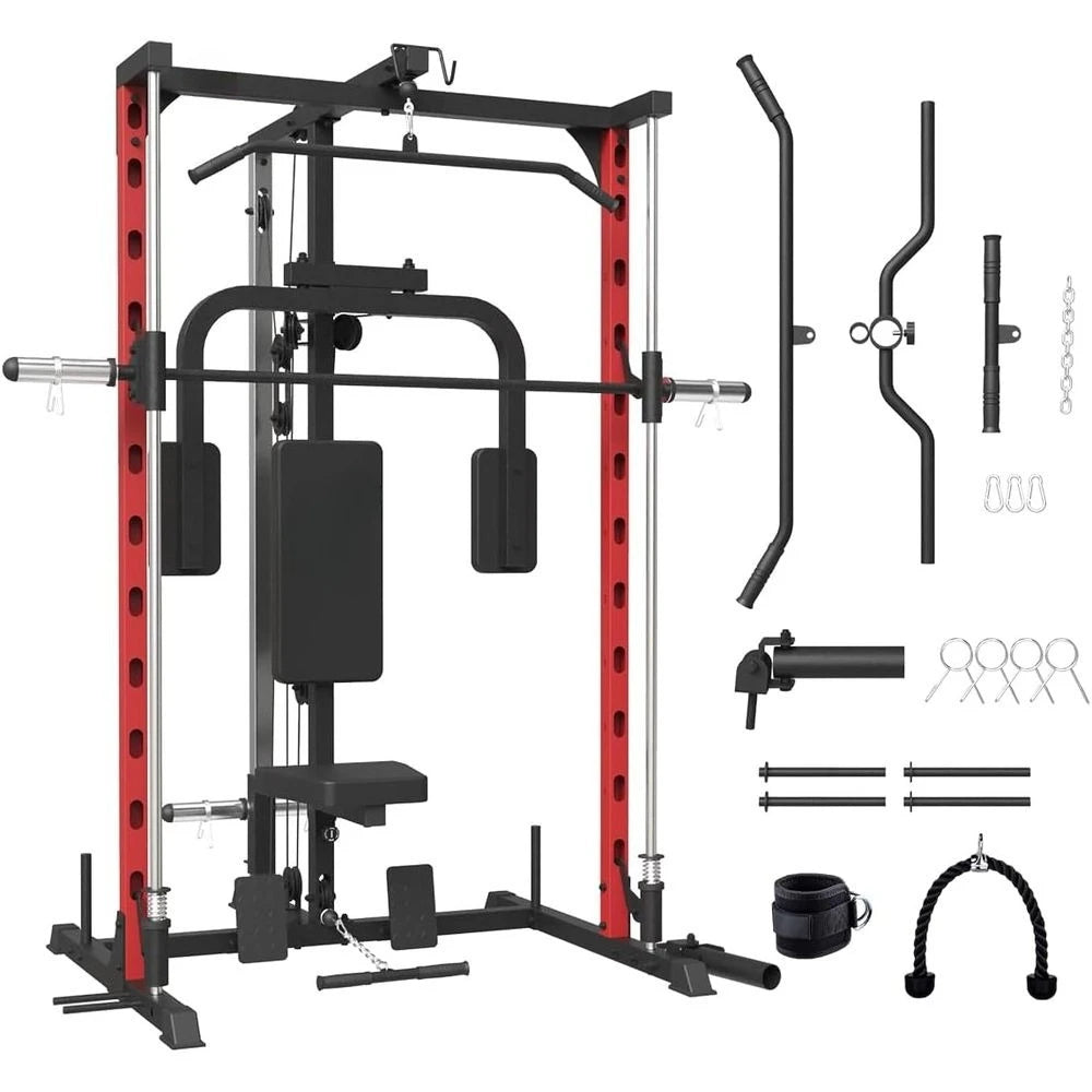 Compact Power Cage with Pulley System for Full-Body Strength Training, Home Gym Squat Rack with PEC Station and Optional Fixed