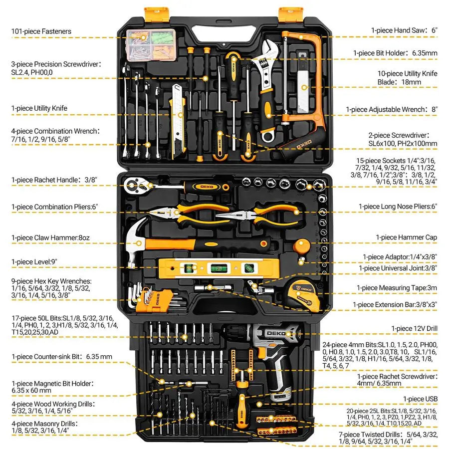 Kit Box Drill Set Home Mechanic Toolbox with 12V Power Cordless Drill Hand Repair Tools Sets Combo Kits Storage Organizer Drawer