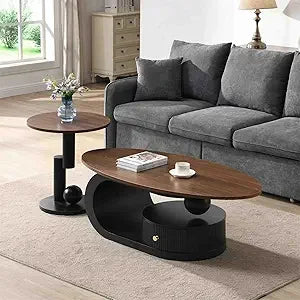 2 Piece Living Room Set, Modern Nest Coffee Table Set of 2, Faux Marble Tabletop Oval Coffee and End Table Set with Gold Iron Ge