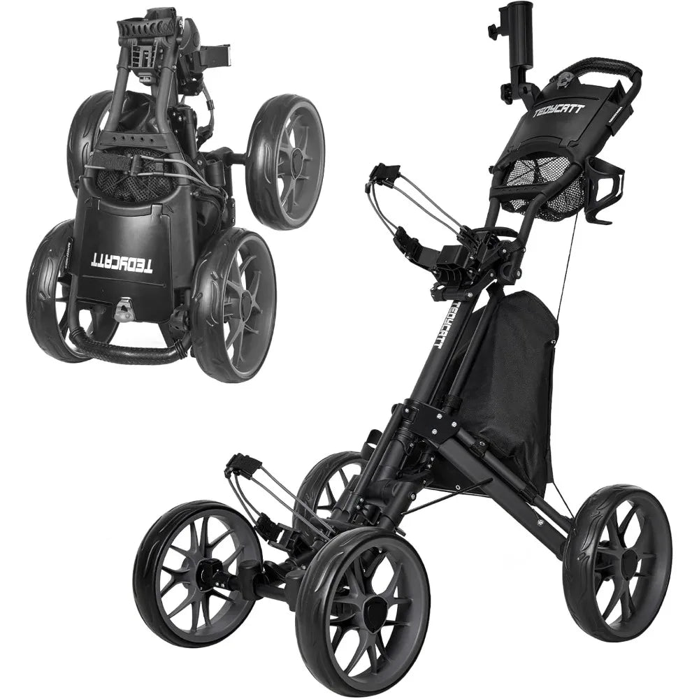4 Wheel Golf Push Cart: Lightweight Compact Folding Golf Trolley, Pull Behind Manual Golf Caddy with Cup, Phone & Umbrella