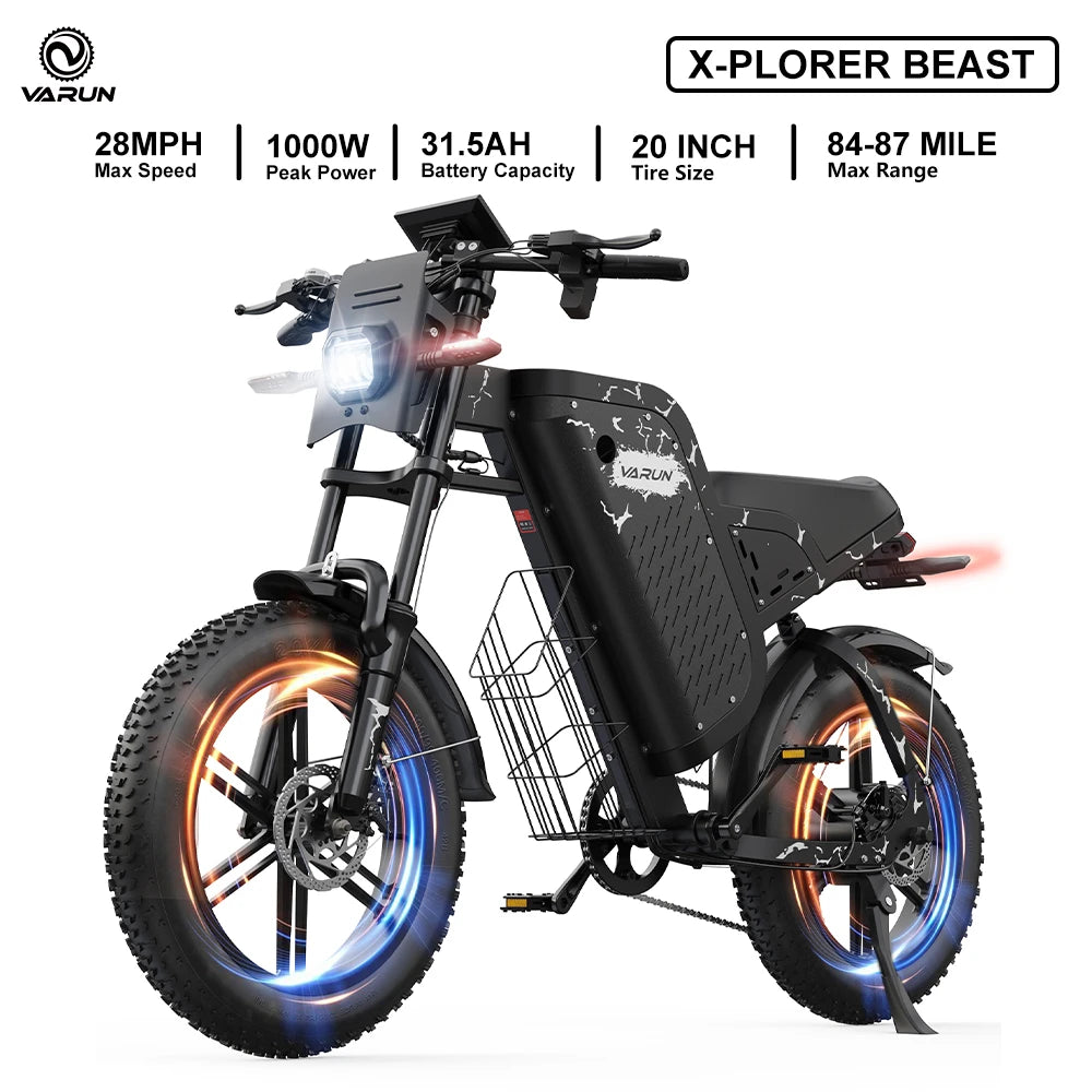 Varun X-Plorer Rapto Adult Dirt Electric Bike, 1000W Peak Power, 48V 20.8Ah, 20" Fat Tire, 28MPH, Ebike UL 2849, 1 Year Warranty