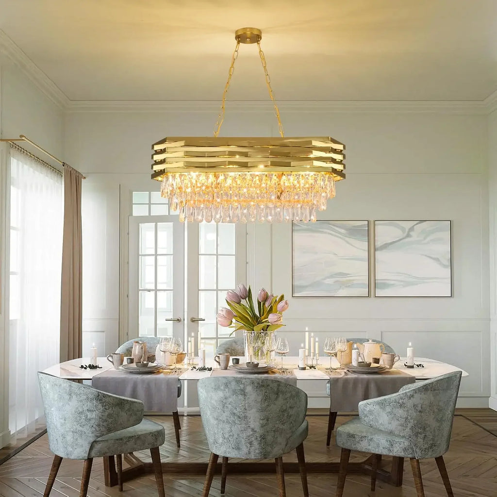 Modern Gold Crystal Chandelier,Oval Semi-Flush Mount Linear 3-Tier K9 Crystal Chandelier- dining room/kitchen island/living room