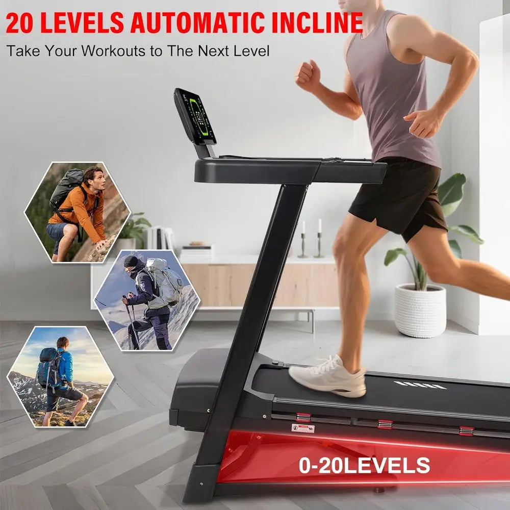 High-Capacity 20% Auto Incline Treadmill: 400 LB, 20 Deck, 0.6-12 MPH, LED Display, Bluetooth, Foldable, App-Enabled